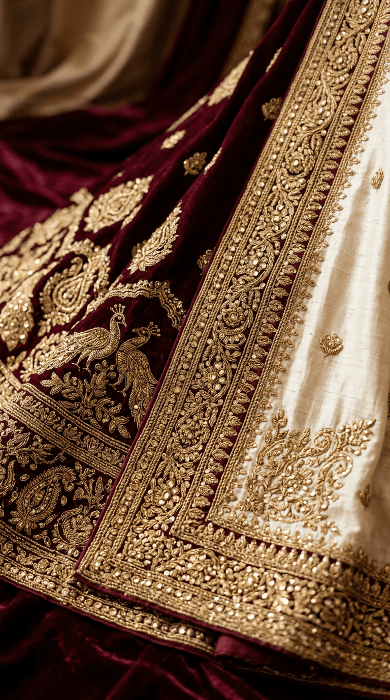 Gold embroidery and wine bridal textile detail