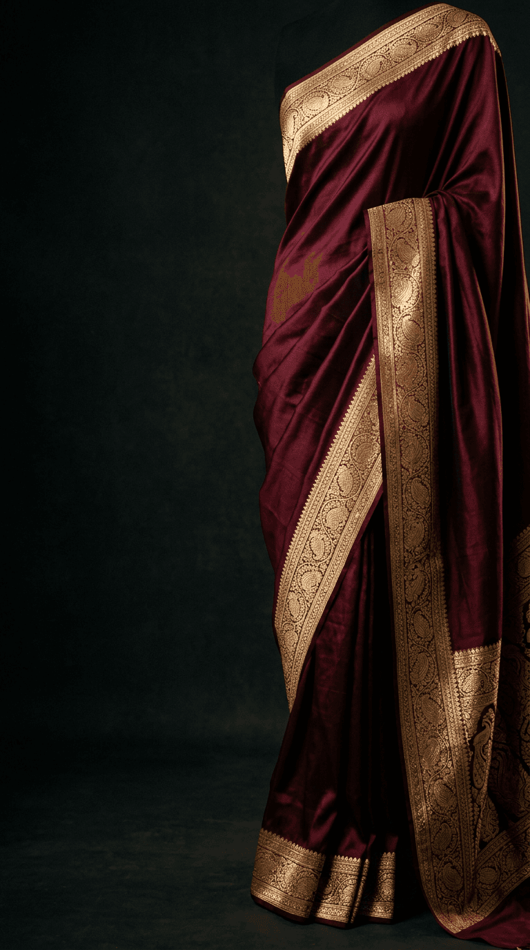 Flowing wine silk saree with gold border